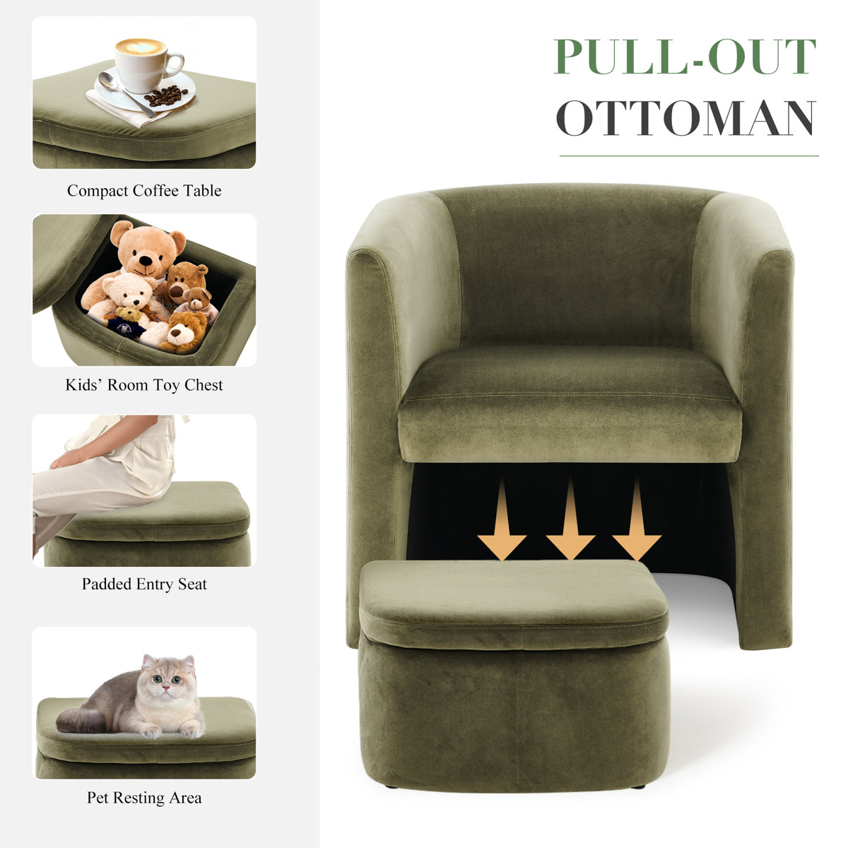 Kyah Upholstered Barrel Chair with Ottoman (Set of 2)